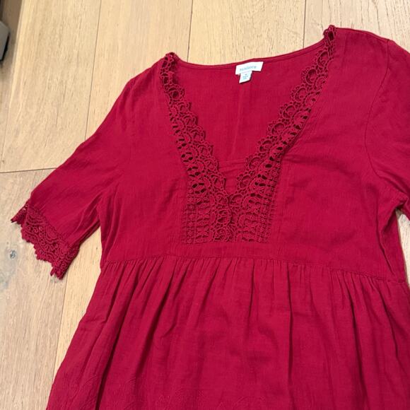 Sundance Boho Embroidered Cotton Mini Dress Burgundy V-Neck Medium Cottage Folk - Picture 4 of 11